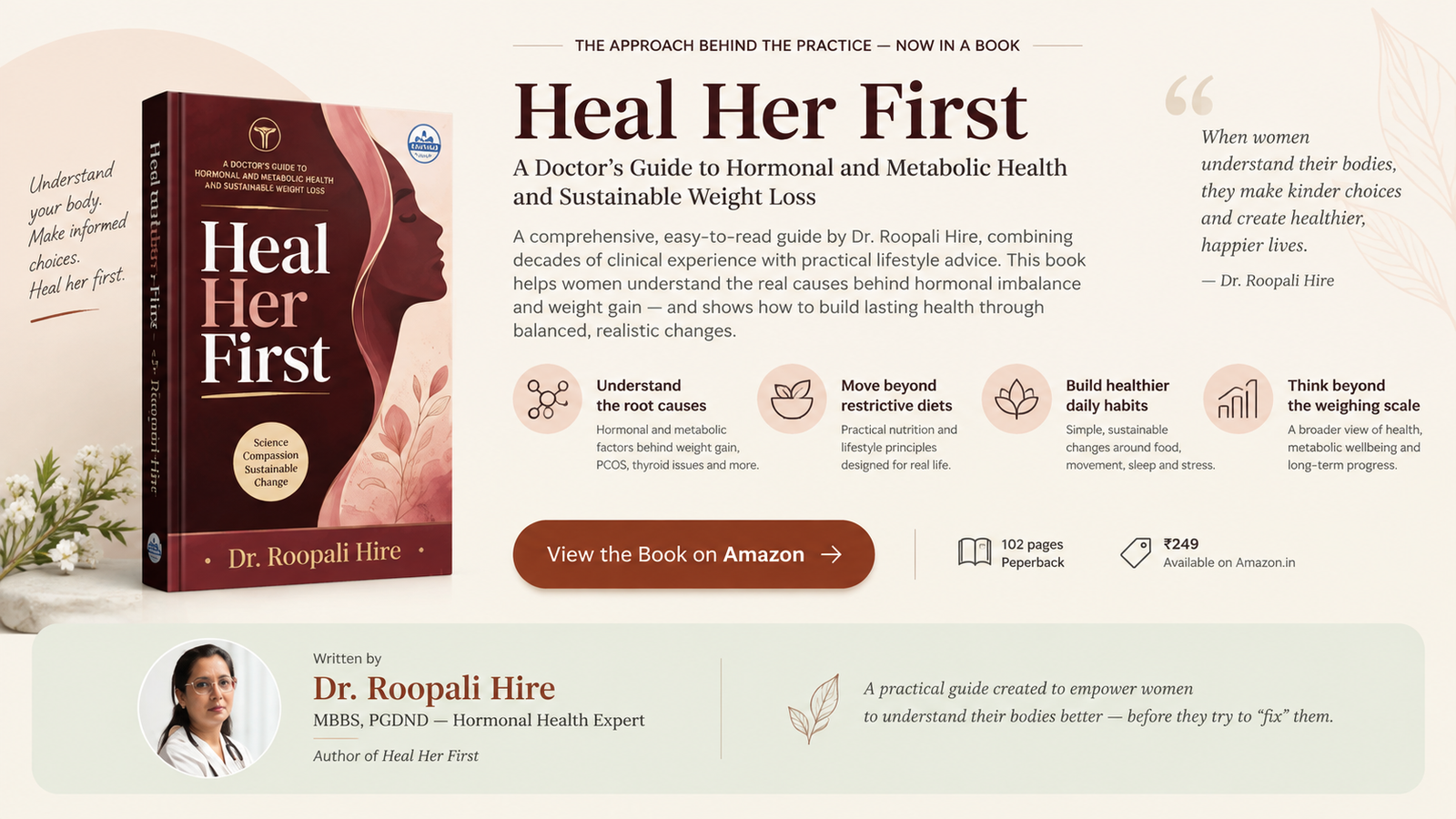Promotional section for Dr. Roopali Hire’s book Heal Her First, featuring a three-dimensional book cover and information about hormonal and metabolic health, sustainable weight loss, practical lifestyle changes, and women’s health. The section includes an author profile for Dr. Roopali Hire, book details, and a button to view the book on Amazon.